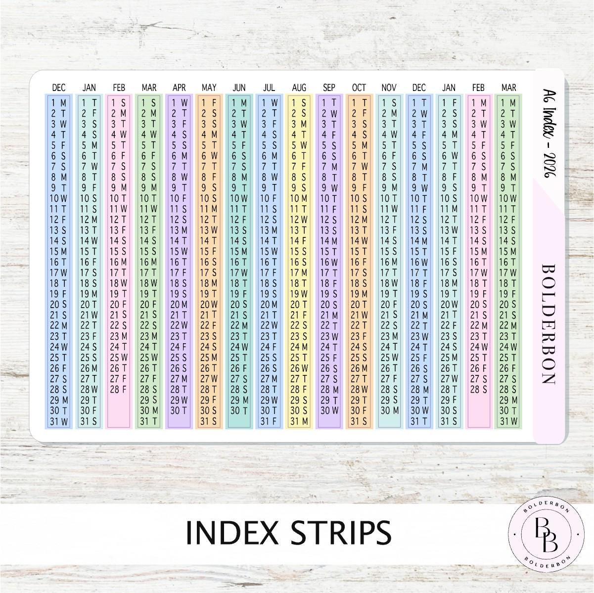 2026 A6 HOBONICHI Index - Colorful || Monthly Headers, Calendar Stickers, Year At A Glance, Hobonichi Techo Original, Hon, Avec, Day Free