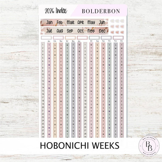2026 YEARLY INDEX Hobonichi Weeks - Aesthetic || Date Strips, Monthly Headers, Calendar Stickers, Year At A Glance, Hobonichi Weeks Kit