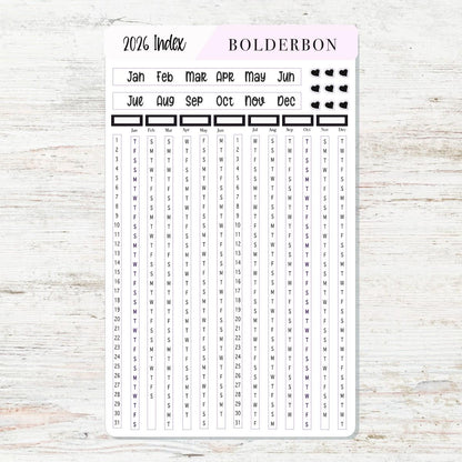 2026 YEARLY INDEX Hobonichi Weeks - SLATE || Date Strips, Monthly Headers, Calendar Stickers, Year At A Glance, Hobonichi Weeks Kit