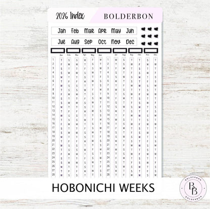 2026 YEARLY INDEX Hobonichi Weeks - SLATE || Date Strips, Monthly Headers, Calendar Stickers, Year At A Glance, Hobonichi Weeks Kit