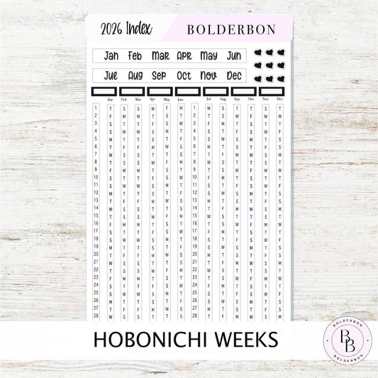 2026 YEARLY INDEX Hobonichi Weeks - SLATE || Date Strips, Monthly Headers, Calendar Stickers, Year At A Glance, Hobonichi Weeks Kit