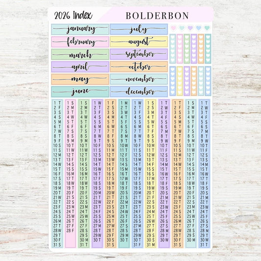2026 HOBONICHI COUSIN Yearly Index Date Strips - Colorful || A5 Cousin, Day Free, Monthly Headers, Calendar Stickers, Year At A Glance