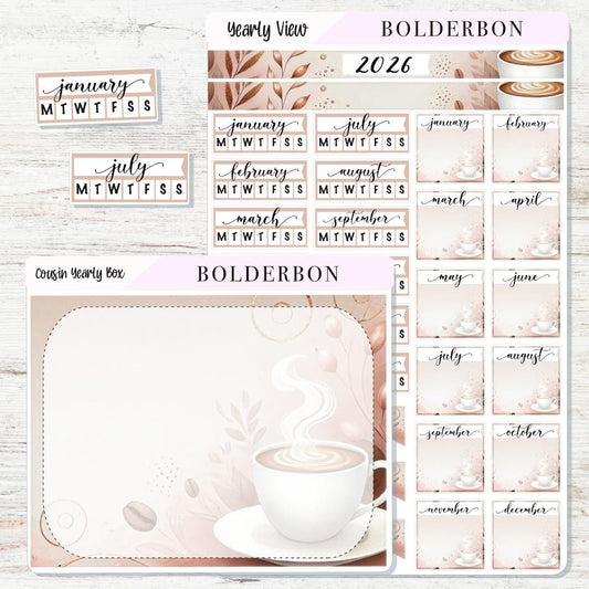 2026 HOBONICHI COUSIN Yearly View || Coffee Calendar Stickers, Year At A Glance, A5 Monthly Header Stickers