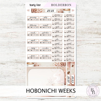 2026 YEARLY VIEW Hobonichi Weeks - Coffee Aesthetic || Calendar Stickers, Year At A Glance, Monthly Header Sticker Kit