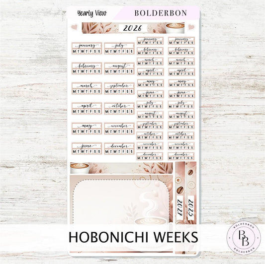 2026 YEARLY VIEW Hobonichi Weeks - Coffee Aesthetic || Calendar Stickers, Year At A Glance, Monthly Header Sticker Kit