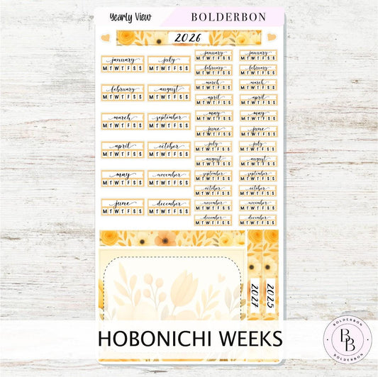 2026 YEARLY VIEW Hobonichi Weeks - Marigold || Calendar Stickers, Year At A Glance, Monthly Header Sticker Kit