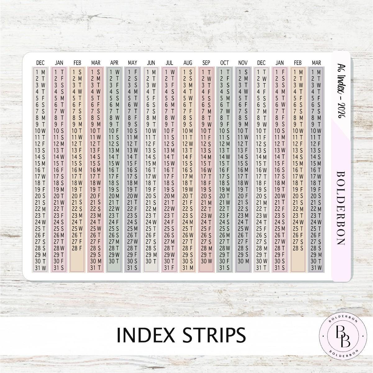 2026 A6 HOBONICHI Index - Aesthetic || Monthly Headers, Calendar Stickers, Year At A Glance, Hobonichi Techo Original, Hon, Avec, Day Free