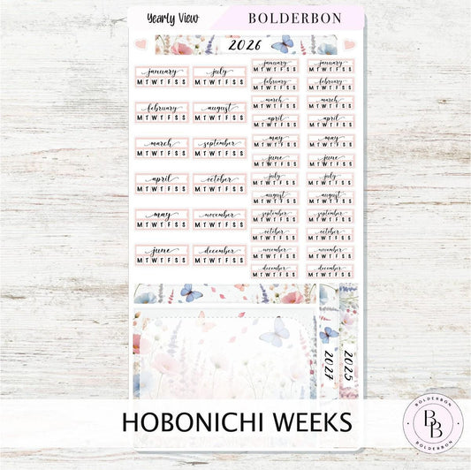2026 YEARLY VIEW Hobonichi Weeks - Meadow || Calendar Stickers, Year At A Glance, Monthly Header Sticker Kit