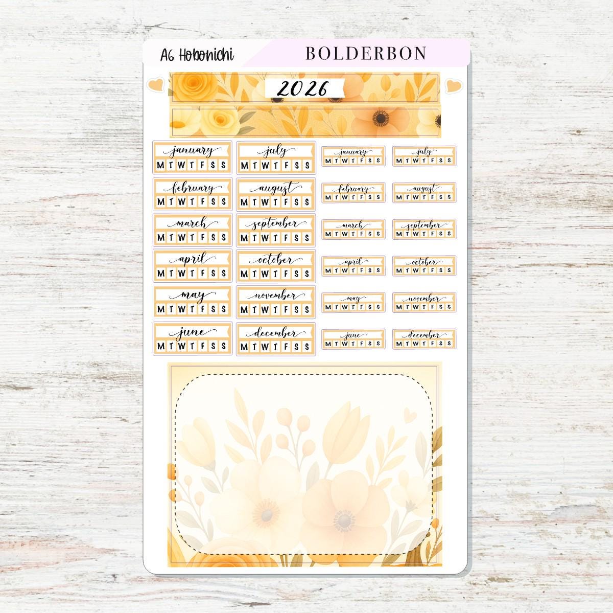 A6 HOBONICHI Yearly View - Marigold || Monthly Headers, Calendar Stickers, Year At A Glance, Hobonichi Weeks Kit
