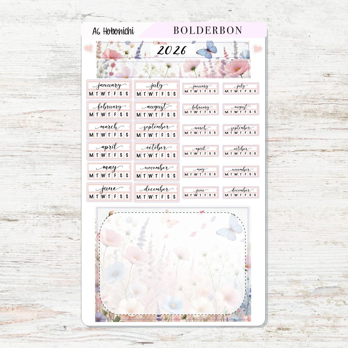 A6 HOBONICHI Yearly View - Meadow || Monthly Headers, Calendar Stickers, Year At A Glance, Hobonichi Weeks Kit