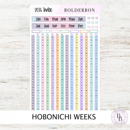 2026 YEARLY INDEX Hobonichi Weeks - Colorful || Date Strips, Monthly Headers, Calendar Stickers, Year At A Glance, Hobonichi Weeks Kit