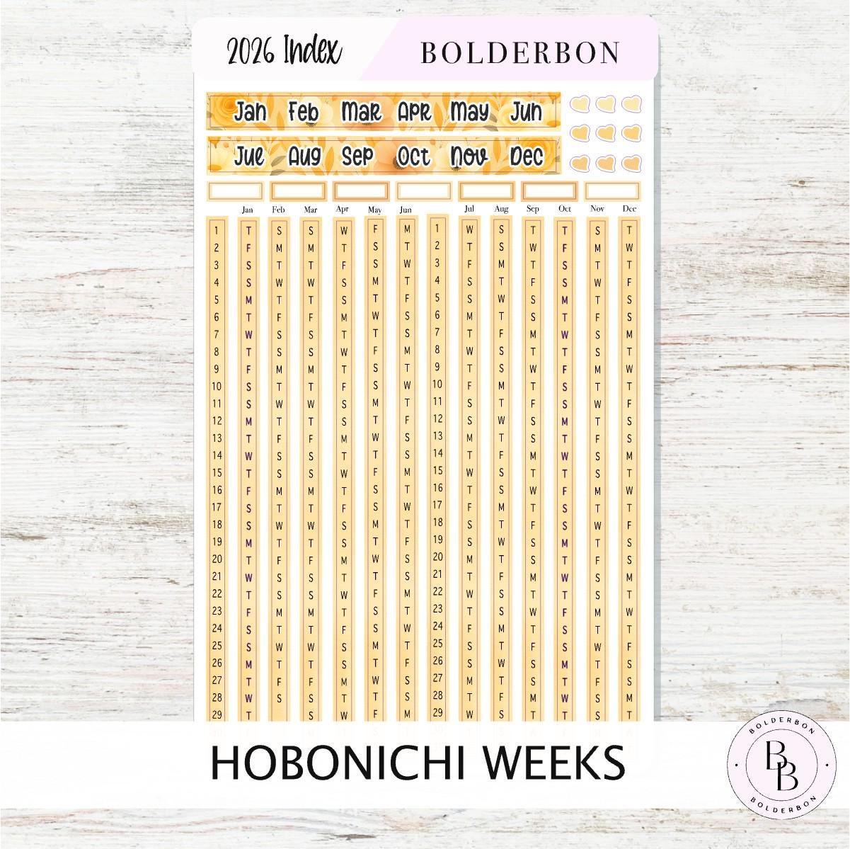 2026 YEARLY INDEX Hobonichi Weeks - Marigold || Date Strips, Monthly Headers, Calendar Stickers, Year At A Glance, Hobonichi Weeks Kit
