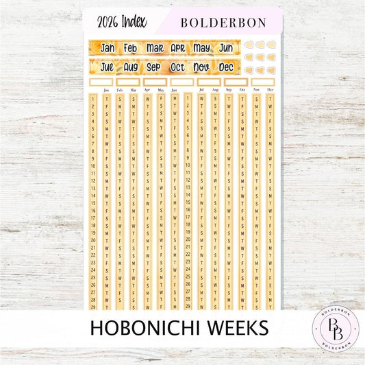 2026 YEARLY INDEX Hobonichi Weeks - Marigold || Date Strips, Monthly Headers, Calendar Stickers, Year At A Glance, Hobonichi Weeks Kit