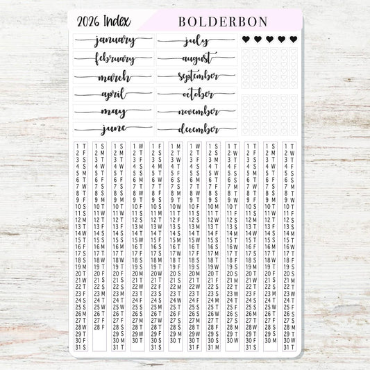 2026 HOBONICHI COUSIN Yearly Index Date Strips - Slate || A5 Cousin, Day Free, Monthly Headers, Calendar Stickers, Year At A Glance