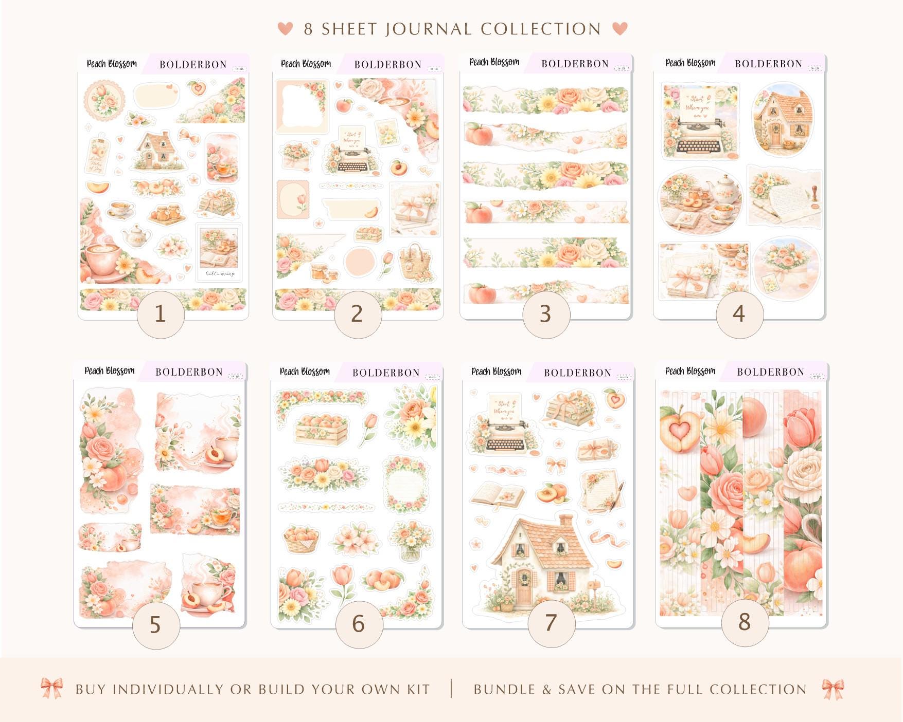 PEACH BLOSSOM Journal Sticker Kit || Floral Aesthetic Planner Stickers, Cottagecore Vibe