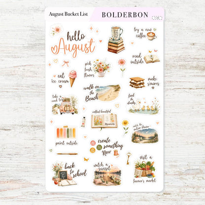 August Bucket List • Monthly Planner Stickers • Seasonal Icons • Functional Calendar & Journal Designs