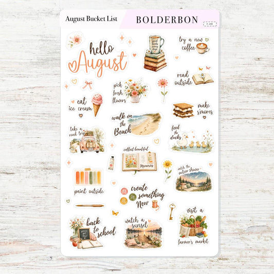 August Bucket List • Monthly Planner Stickers • Seasonal Icons • Functional Calendar & Journal Designs