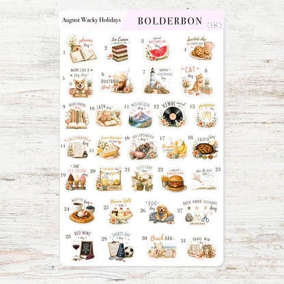 August Wacky Holidays • International Monthly Planner Stickers • Fun Seasonal Icons • Functional Calendar & Journal Designs
