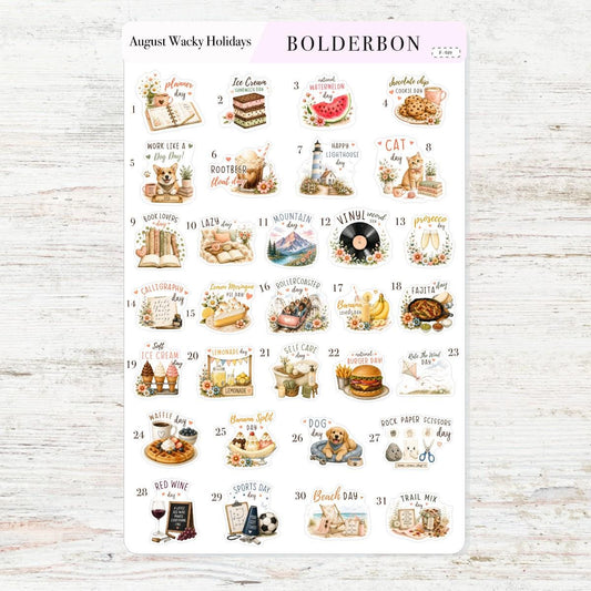 August Wacky Holidays • International Monthly Planner Stickers • Fun Seasonal Icons • Functional Calendar & Journal Designs