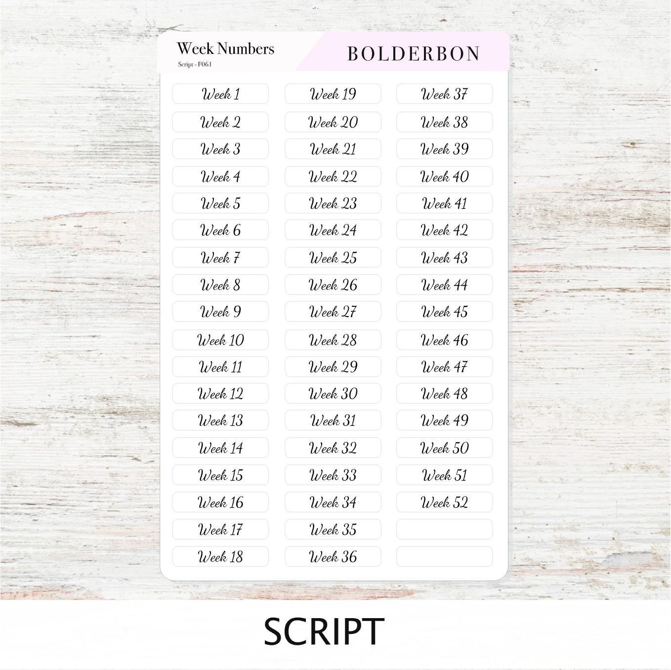Week Number Stickers • 1–52 Planner Labels • Functional Journal Stickers • Script, Handwritten & Print Fonts