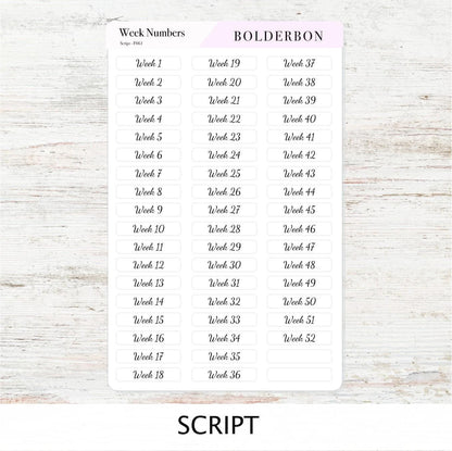 Week Number Stickers • 1–52 Planner Labels • Functional Journal Stickers • Script, Handwritten & Print Fonts