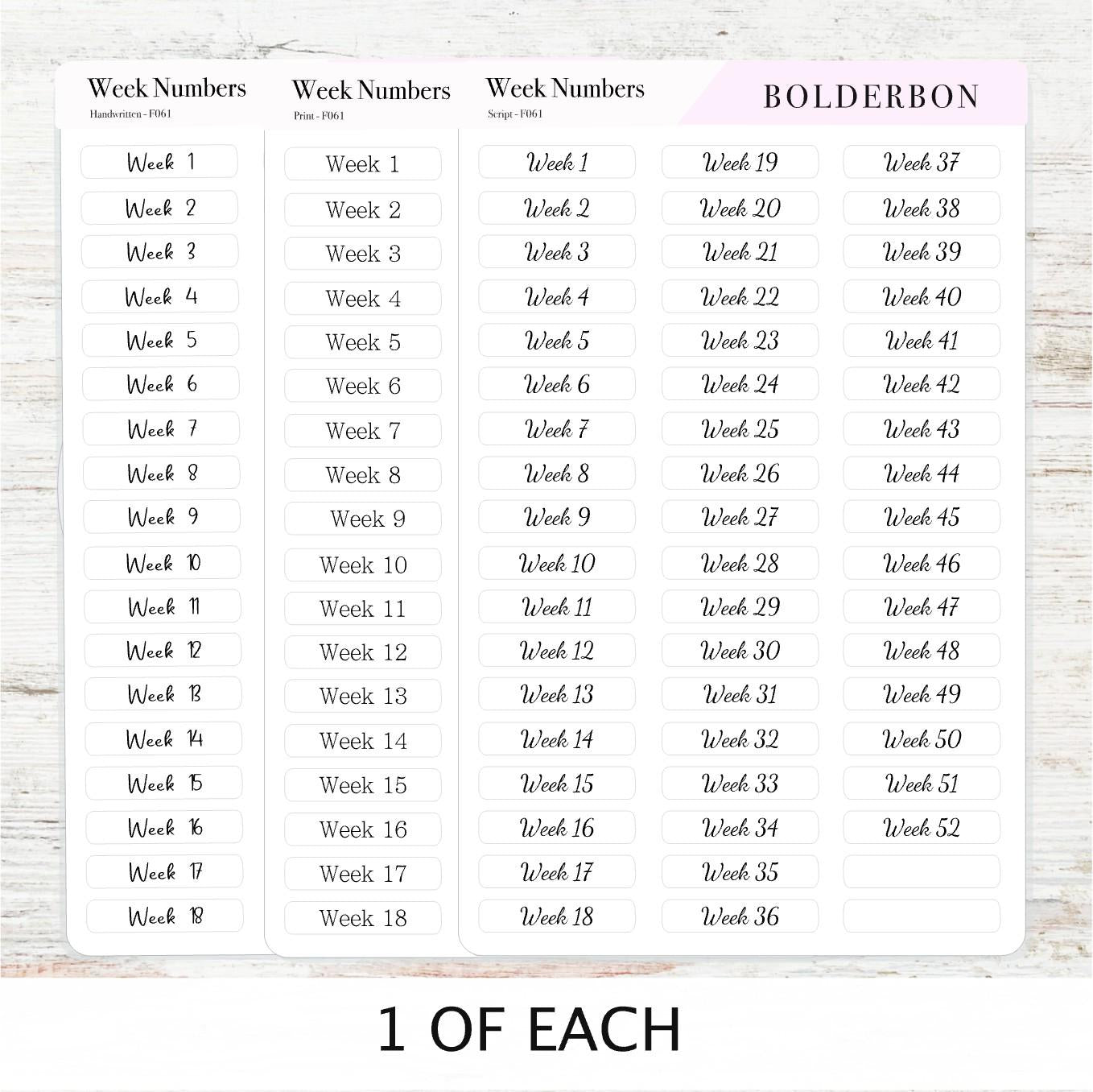 Week Number Stickers • 1–52 Planner Labels • Functional Journal Stickers • Script, Handwritten & Print Fonts