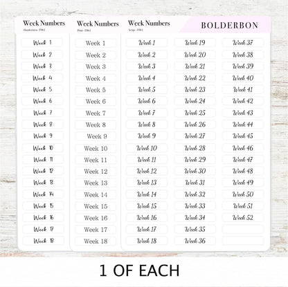 Week Number Stickers • 1–52 Planner Labels • Functional Journal Stickers • Script, Handwritten & Print Fonts