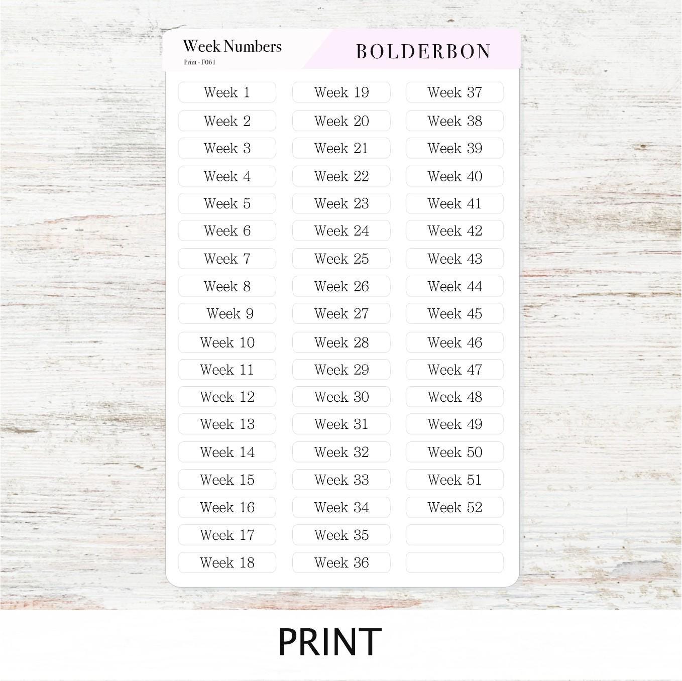 Week Number Stickers • 1–52 Planner Labels • Functional Journal Stickers • Script, Handwritten & Print Fonts