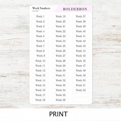 Week Number Stickers • 1–52 Planner Labels • Functional Journal Stickers • Script, Handwritten & Print Fonts