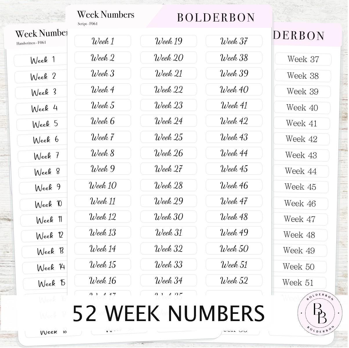 Week Number Stickers • 1–52 Planner Labels • Functional Journal Stickers • Script, Handwritten & Print Fonts
