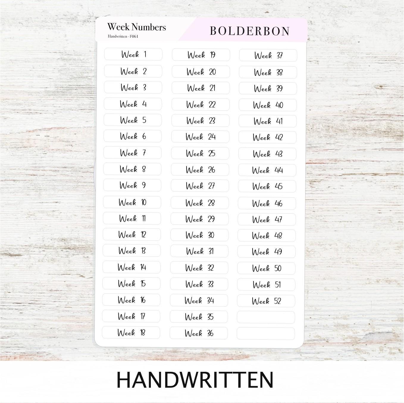 Week Number Stickers • 1–52 Planner Labels • Functional Journal Stickers • Script, Handwritten & Print Fonts