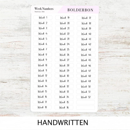 Week Number Stickers • 1–52 Planner Labels • Functional Journal Stickers • Script, Handwritten & Print Fonts