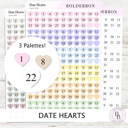 Date Hearts Stickers • Date Dot Numbers • Monthly Planner Stickers • Functional Calendar & Journal Labels