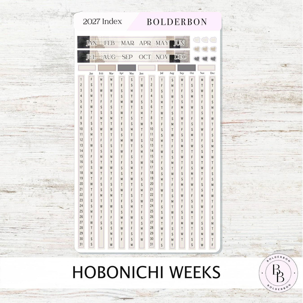 2027 Yearly Index Stickers • Hobonichi Weeks • Planner Stickers • Slate