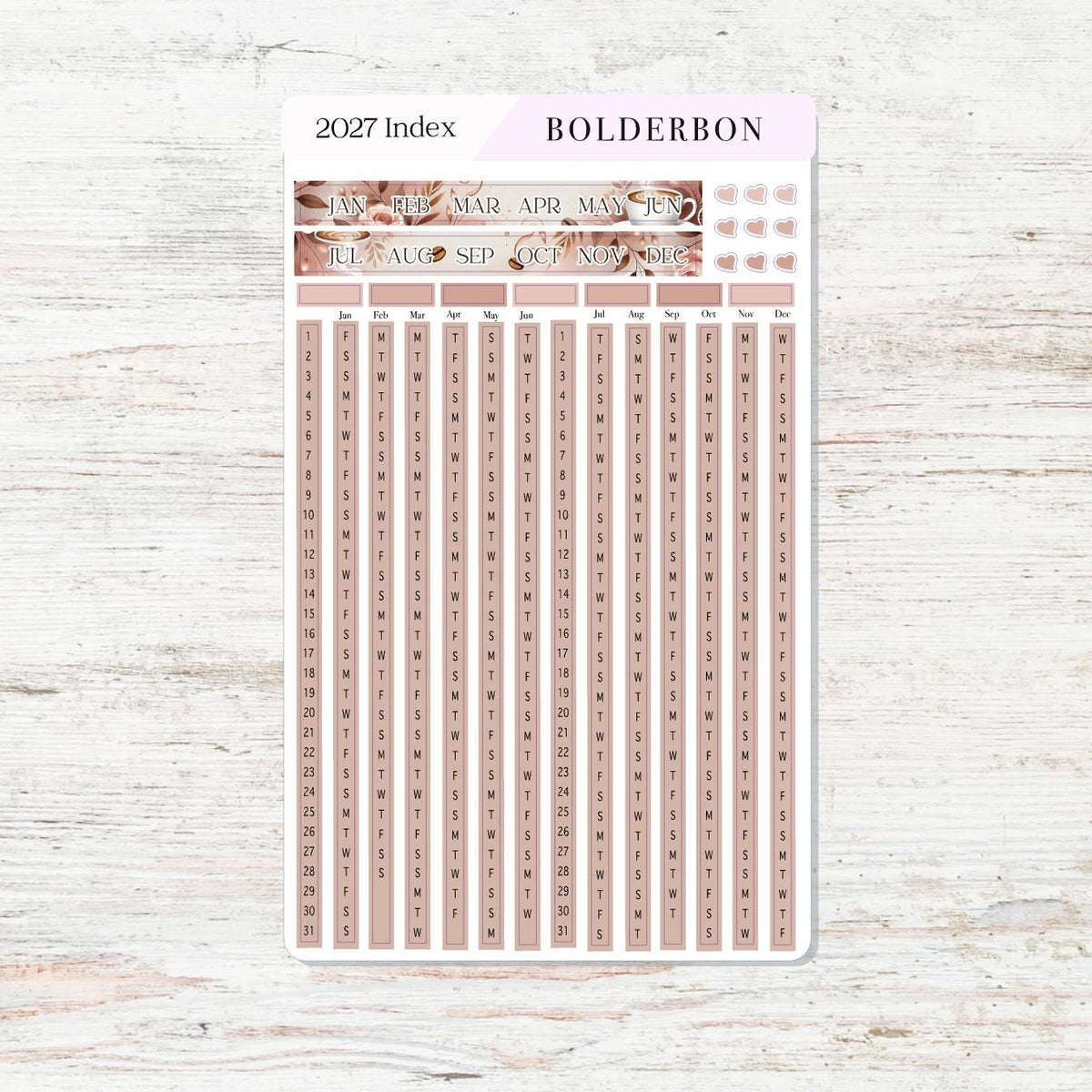 2027 Yearly Index Stickers • Hobonichi Weeks • Planner Stickers • Coffee