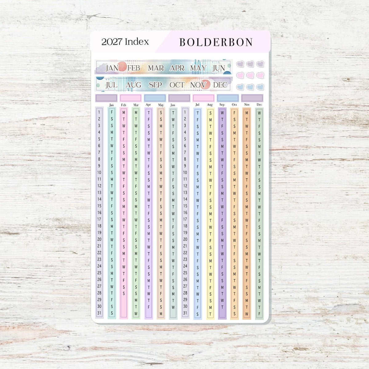2027 Yearly Index Stickers • Hobonichi Weeks • Planner Stickers • Colorful