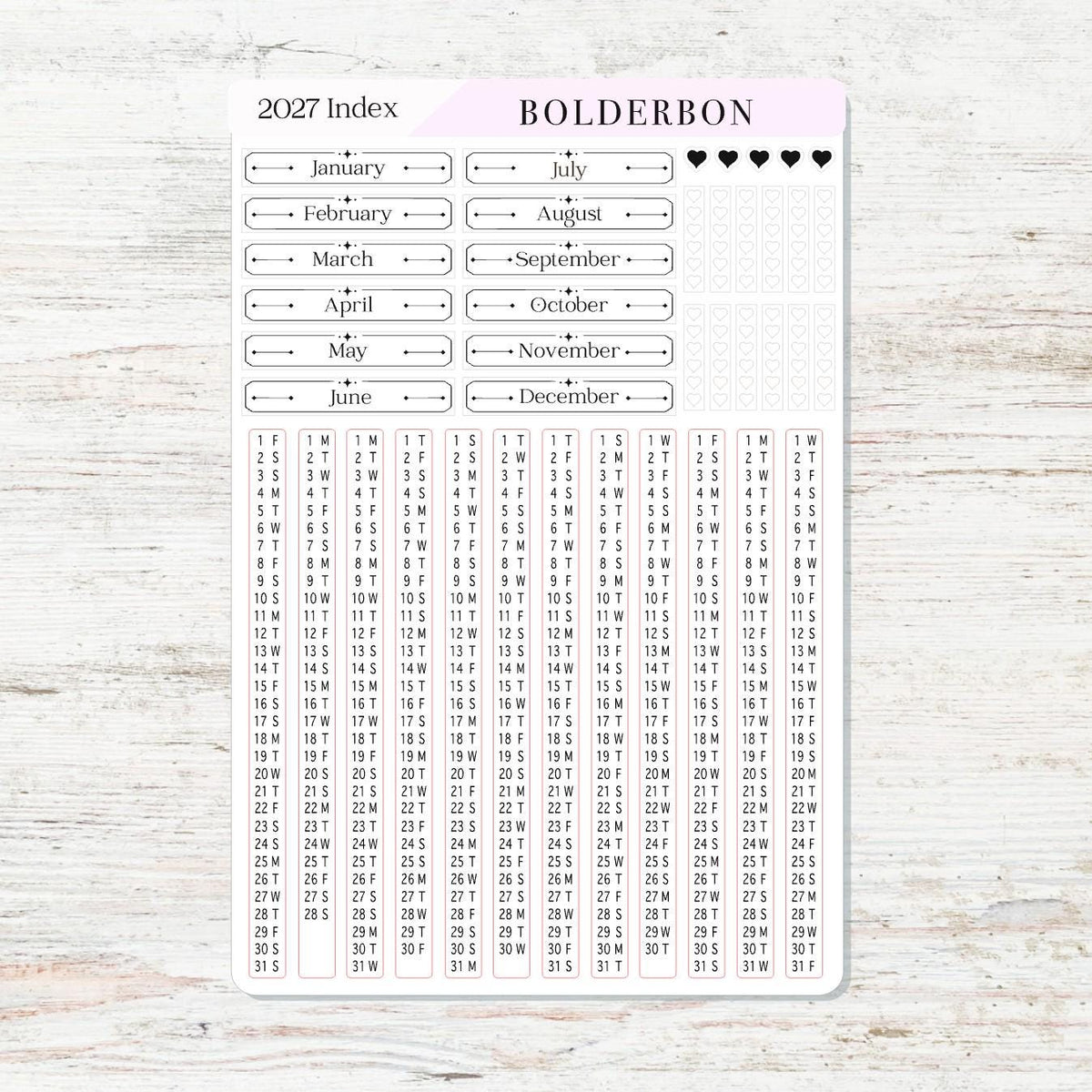 2027 Hobonichi Cousin • Yearly Index Stickers • White