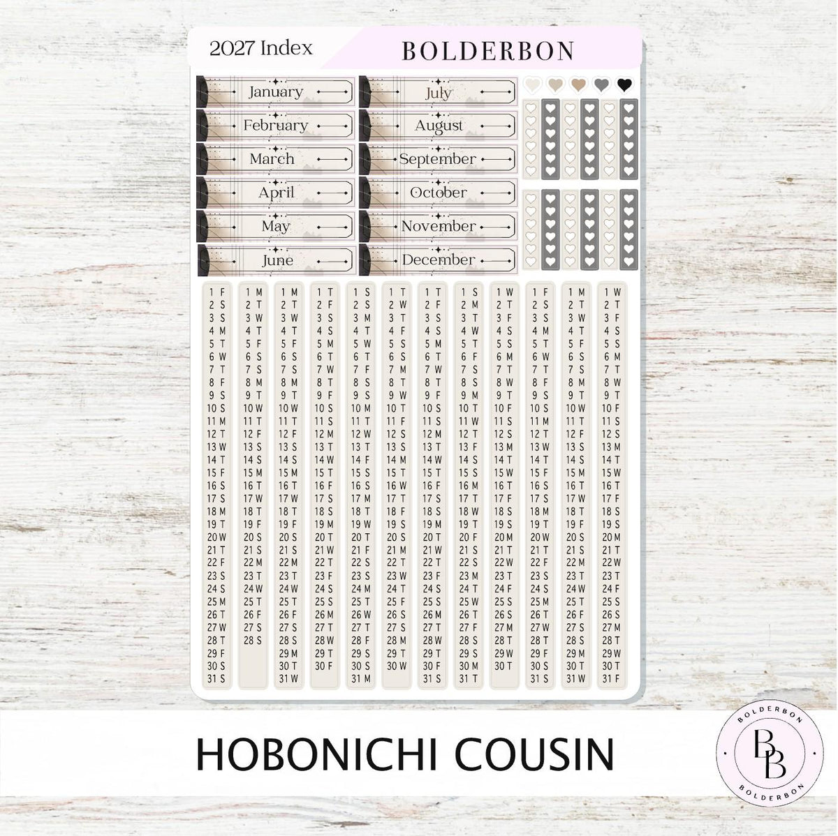 2027 Hobonichi Cousin • Yearly Index Stickers • Slate
