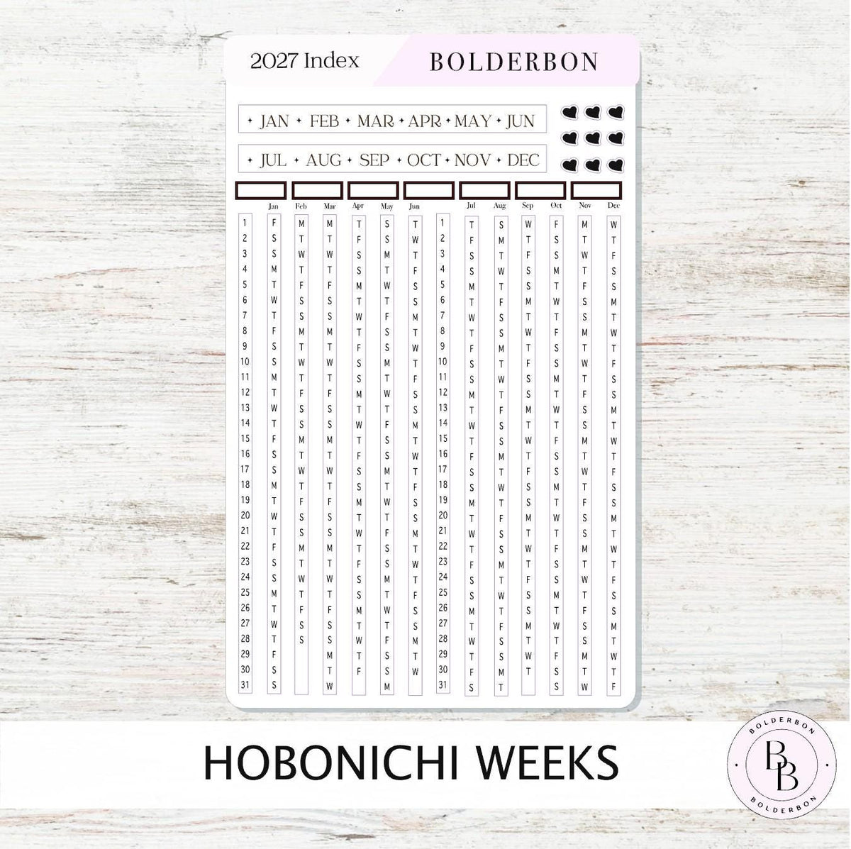 2027 Yearly Index Stickers • Hobonichi Weeks • Planner Stickers • White