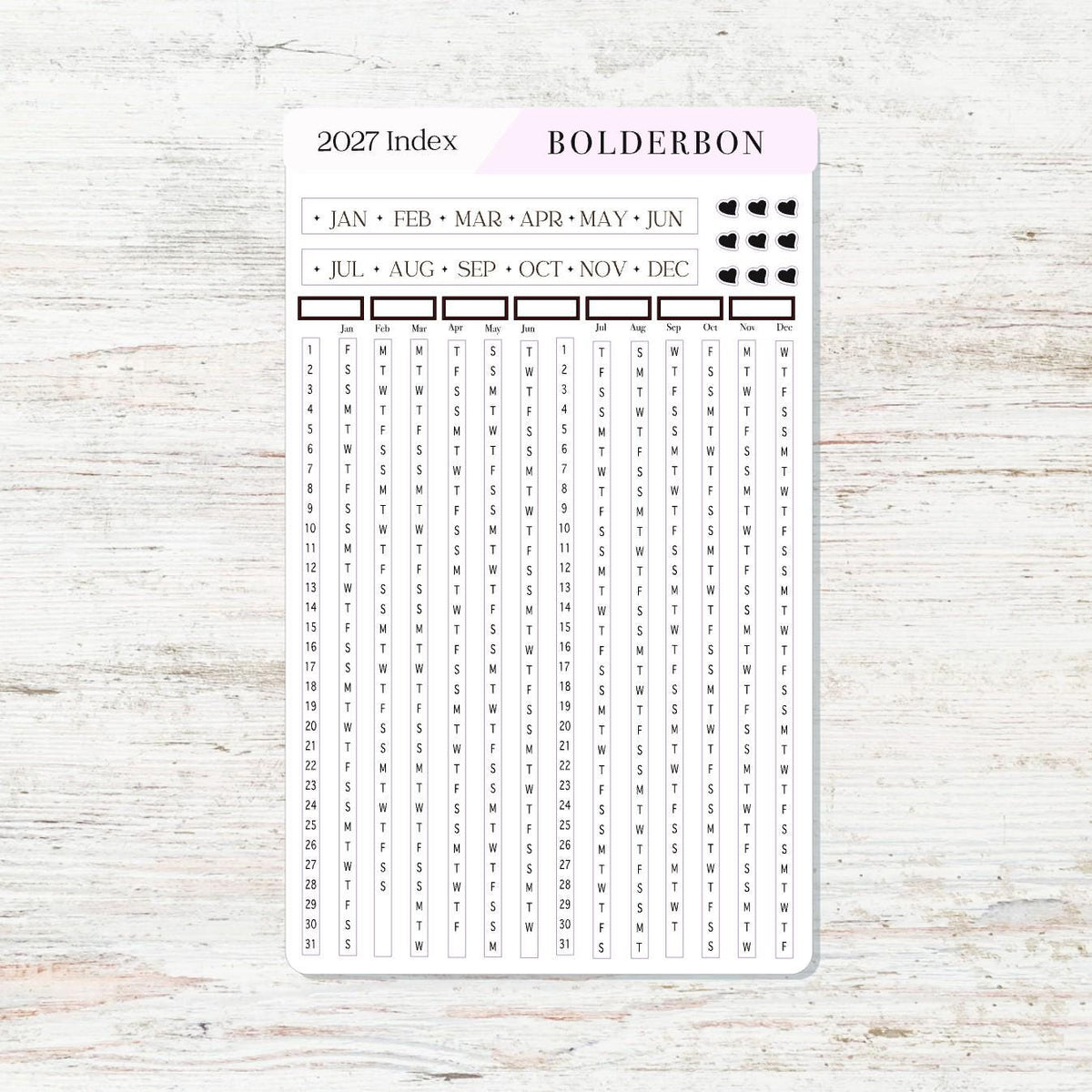2027 Yearly Index Stickers • Hobonichi Weeks • Planner Stickers • White
