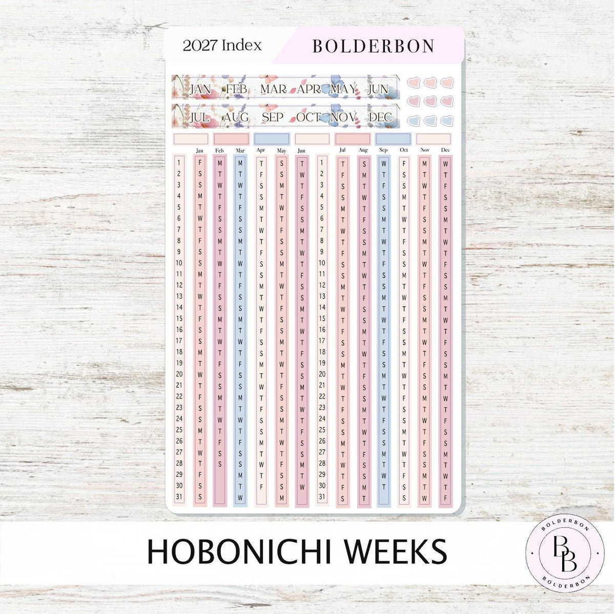 2027 Yearly Index Stickers • Hobonichi Weeks • Planner Stickers • Meadow
