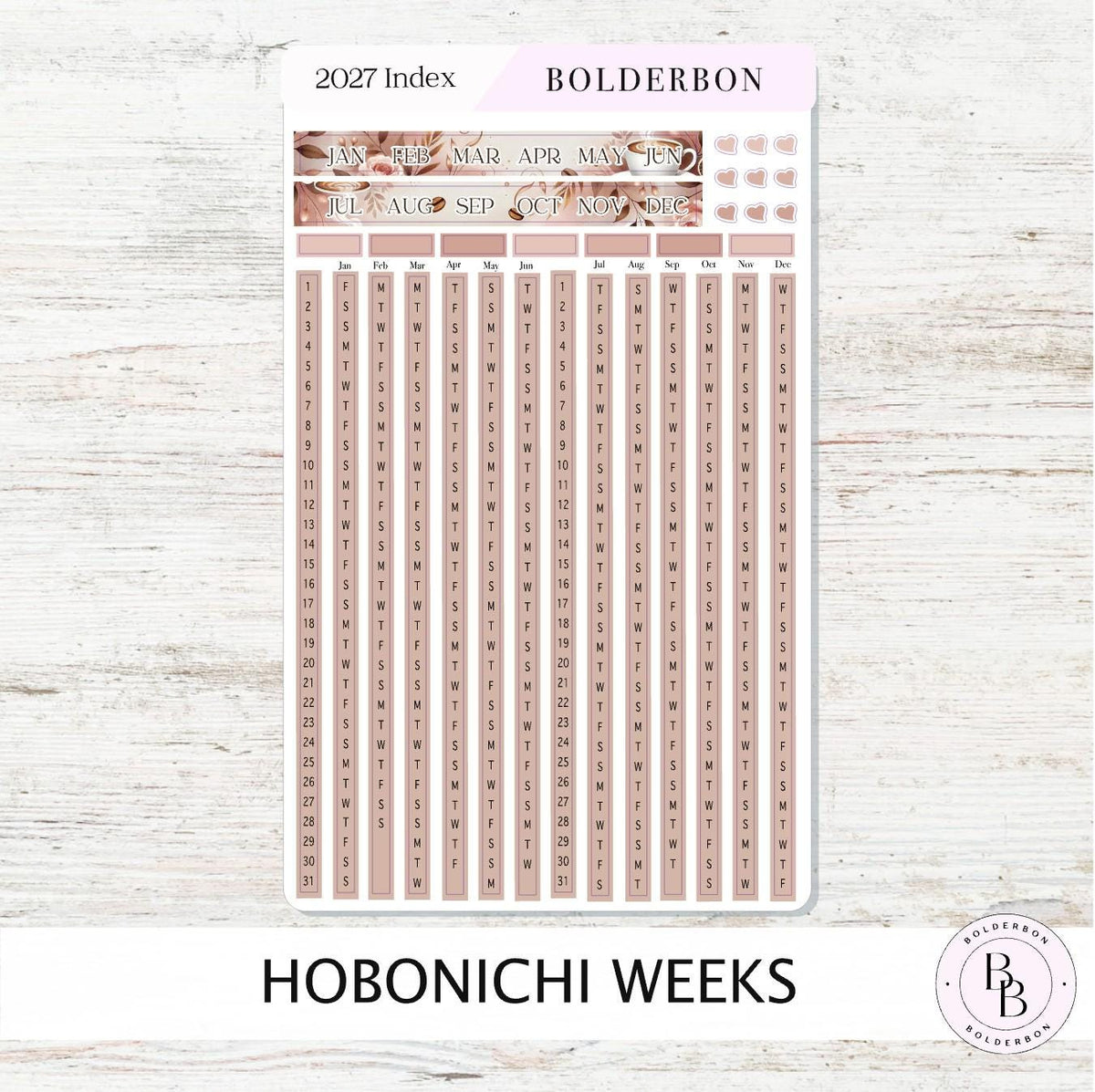 2027 Yearly Index Stickers • Hobonichi Weeks • Planner Stickers • Coffee
