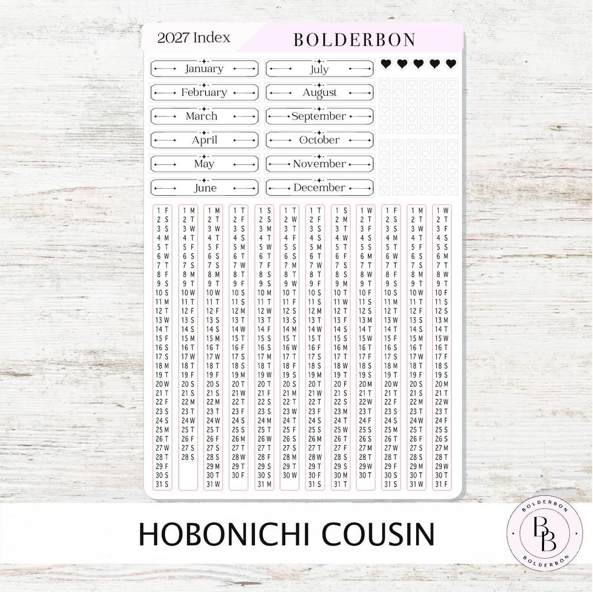 2027 Hobonichi Cousin • Yearly Index Stickers • White