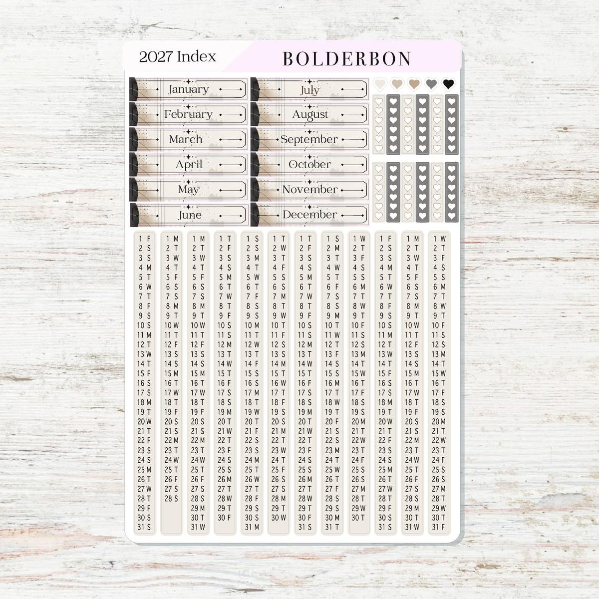2027 Hobonichi Cousin • Yearly Index Stickers • Slate