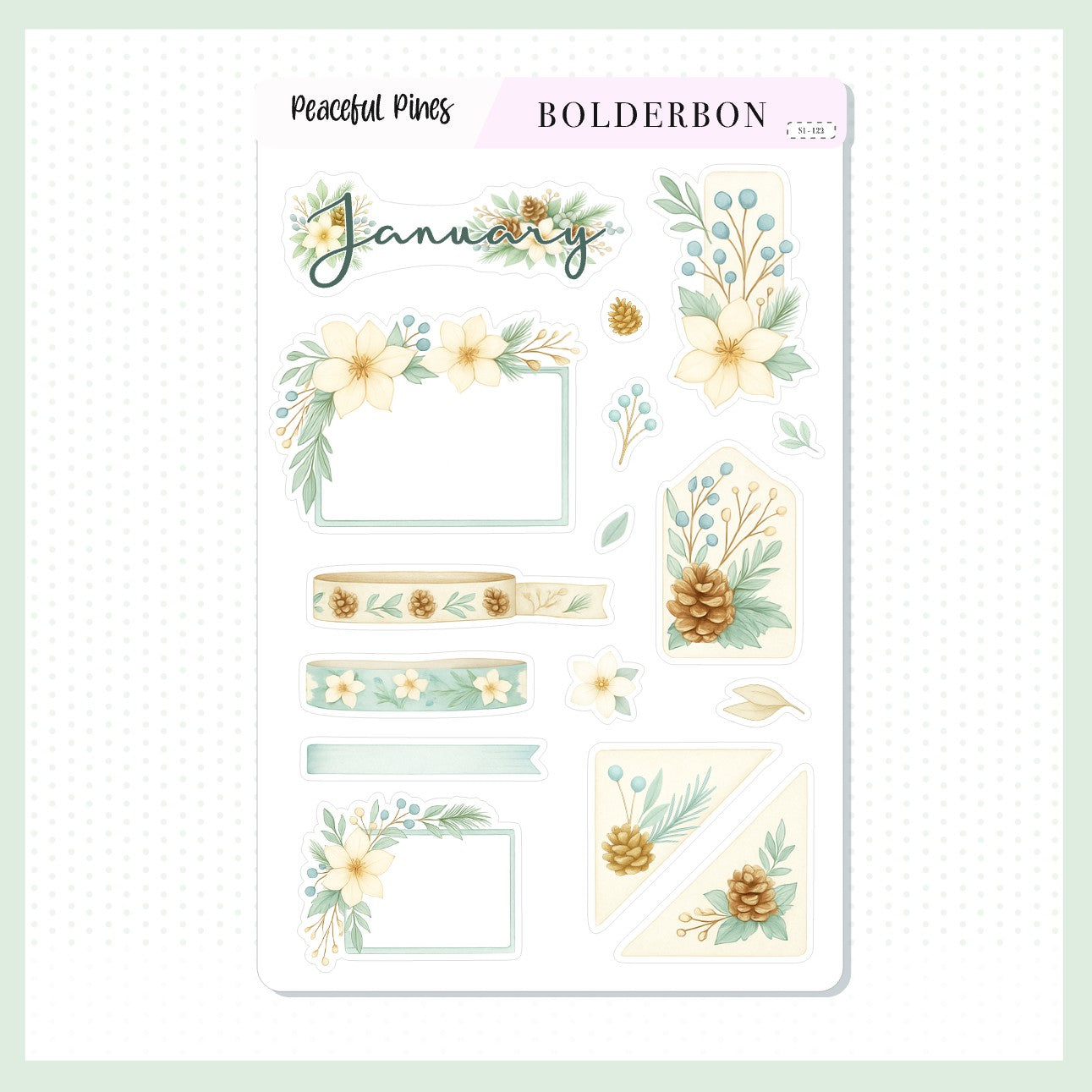 JANUARY Peaceful Pines Stickers || Cozy Sage, Floral Frames and Tags for Journaling & Planners