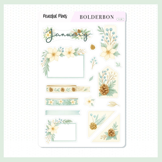 JANUARY Peaceful Pines Stickers || Cozy Sage, Floral Frames and Tags for Journaling & Planners