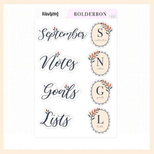 SEPTEMBER Header Stickers || Whimsical Fall Theme, Aesthetic Journal Stickers, Journaling Stickers, Autumn Leaves Vibe for Planners
