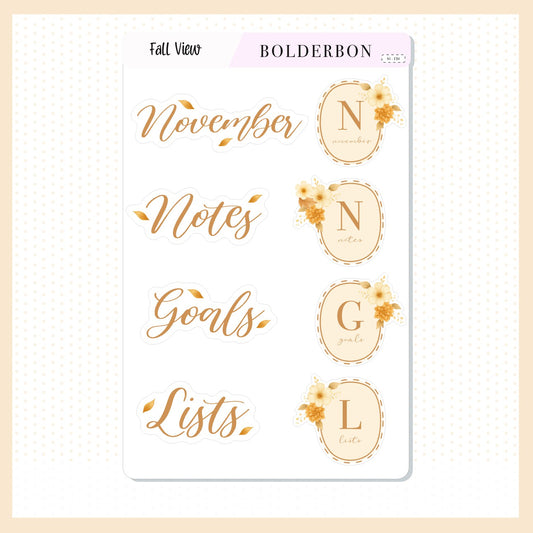 NOVEMBER Header Stickers || Fall View, Cozy Fall Floral Planner Stickers, Elegant Aesthetic Vibe, Journal, Journaling Stickers