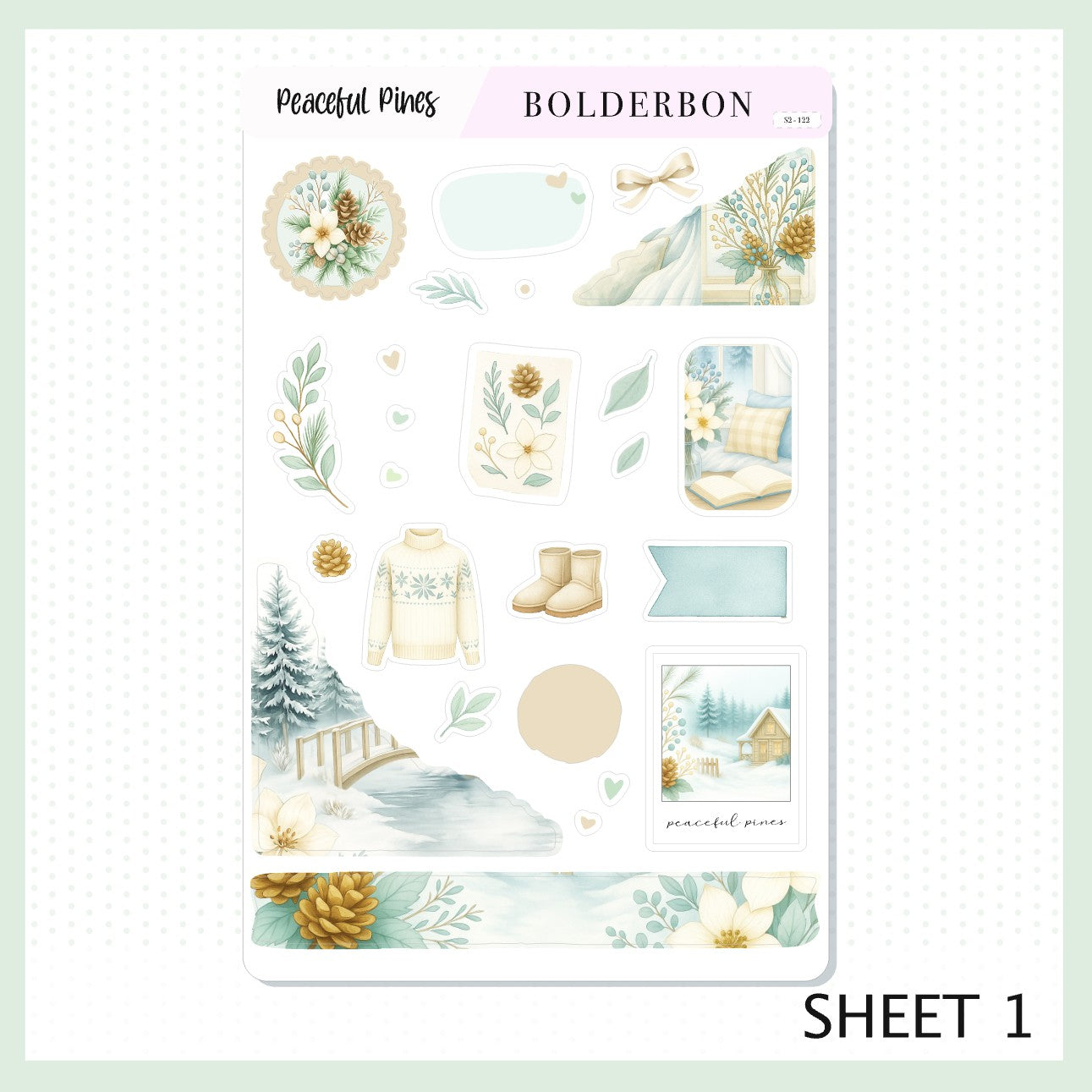 PEACEFUL PINES Journal Sticker Kit || Winter Floral Planner Stickers, Cozy Sage & Gold Vibe