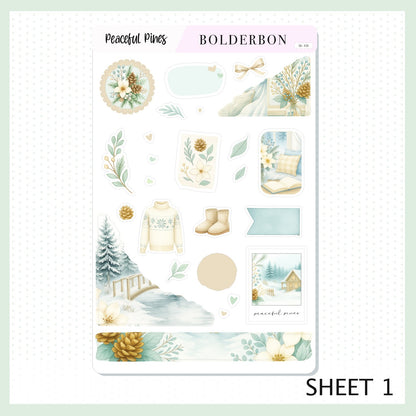 PEACEFUL PINES Journal Sticker Kit || Winter Floral Planner Stickers, Cozy Sage & Gold Vibe